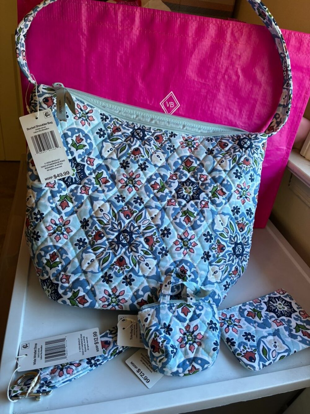 Vera Bradley Lisbon Sky Medallion Shoulder Bucket Bag SET ID keychain bag charm